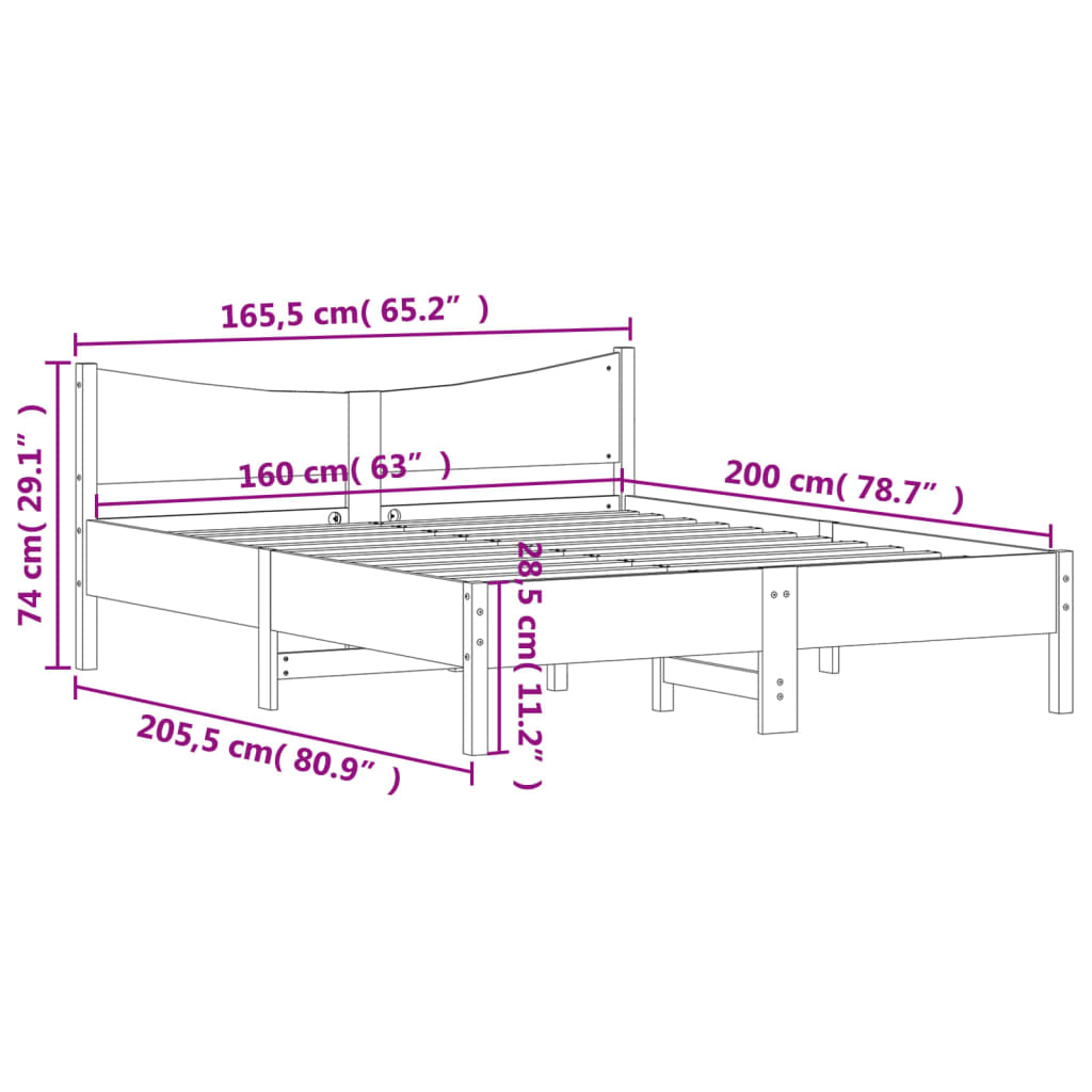 Estrutura cama c/ cabeceira 160x200cm pinho maciço castanho-mel