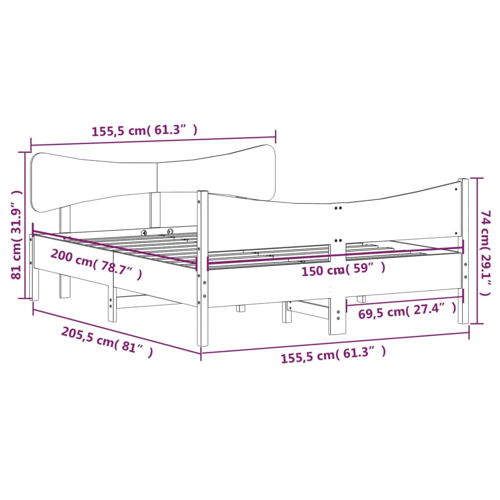 Estrutura de cama c/ cabeceira 150x200 cm pinho maciço branco