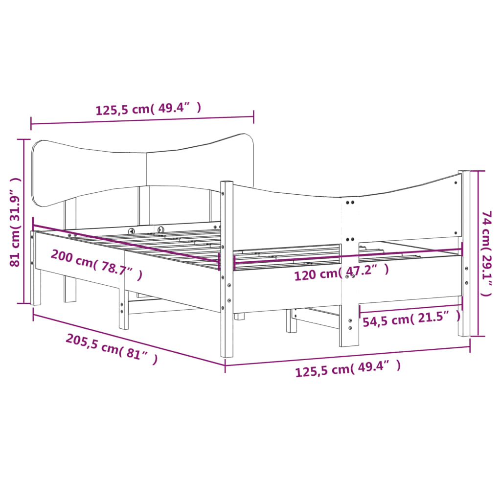 Estrutura de cama com cabeceira 120x200 cm pinho maciço