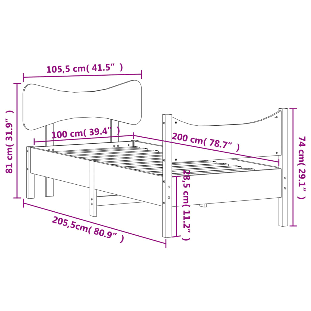 Estrutura de cama com cabeceira 100x200cm pinho maciço