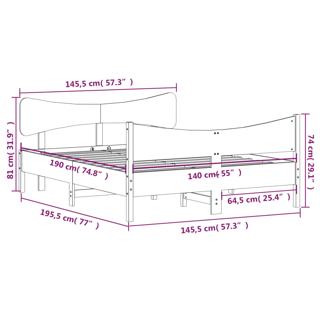 Estrutura cama c/ cabeceira 140x190 cm pinho maciço branco