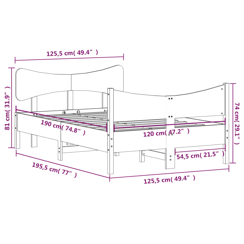 Estrutura cama c/ cabeceira 120x190 cm pinho maciço