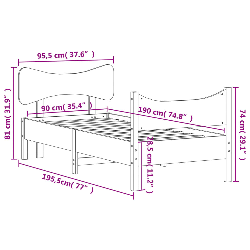 Estrutura de cama com cabeceira 90x190 cm pinho maciço