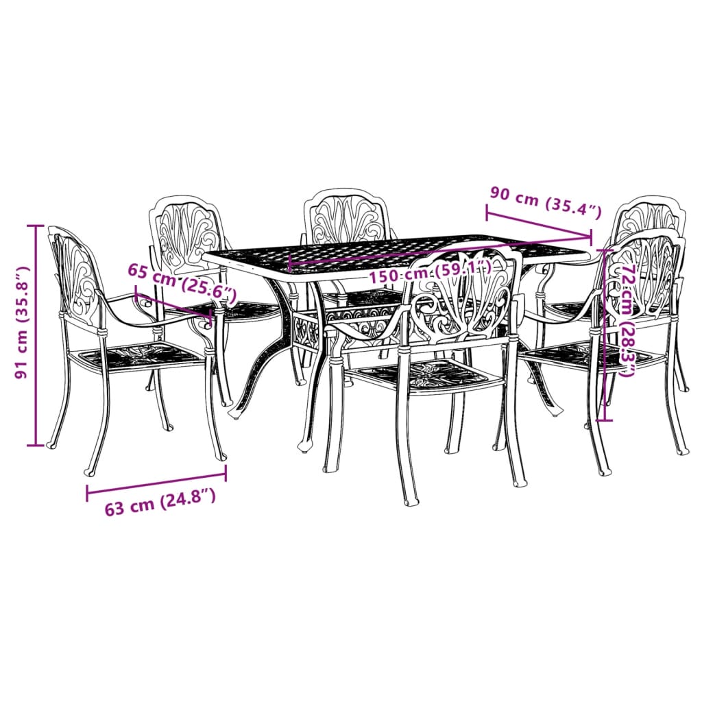 7 pcs conjunto de jantar para jardim alumínio fundido preto