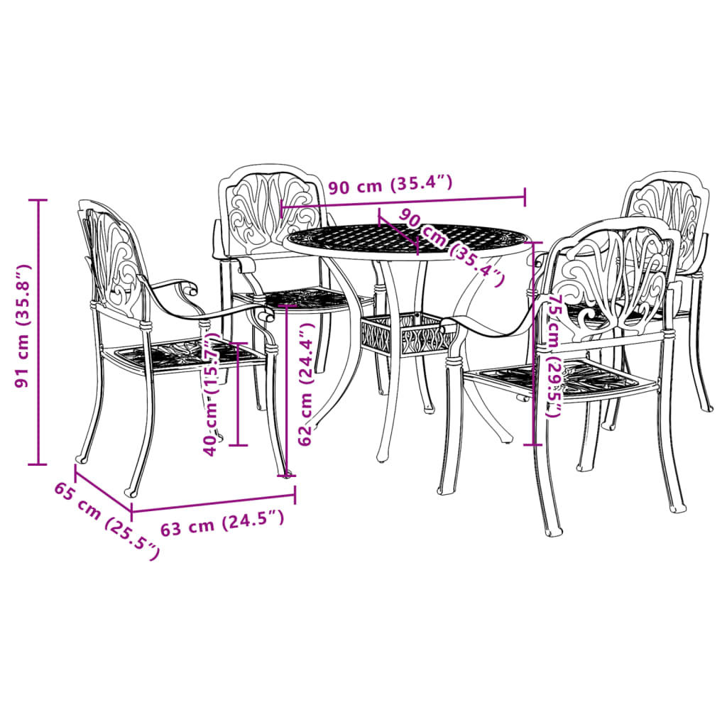 5 pcs conjunto de jantar para jardim alumínio fundido preto