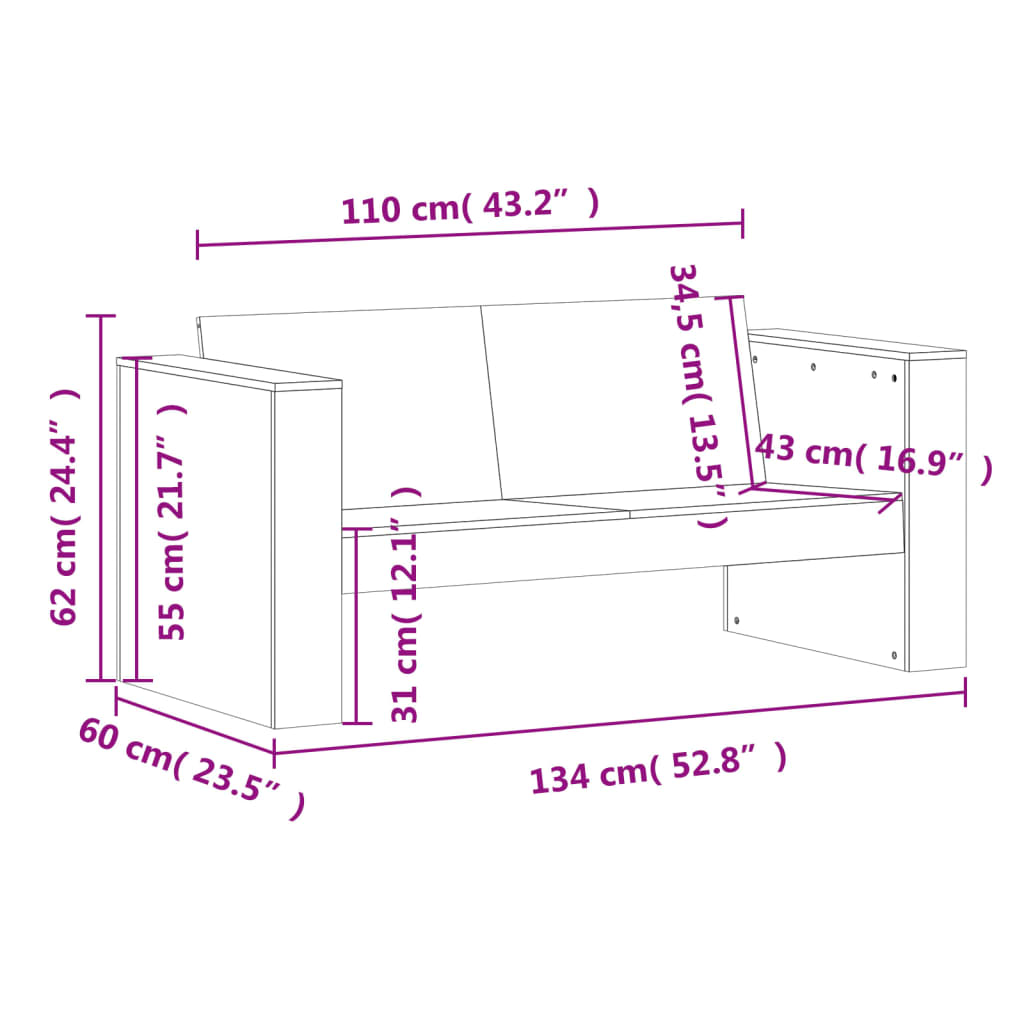 Sofá de 2 lugares para jardim 134x60x62 cm pinho maciço branco