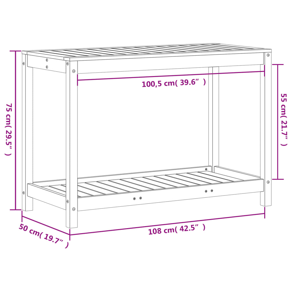 Mesa de jardinagem com prateleira 108x50x75 cm pinho maciço