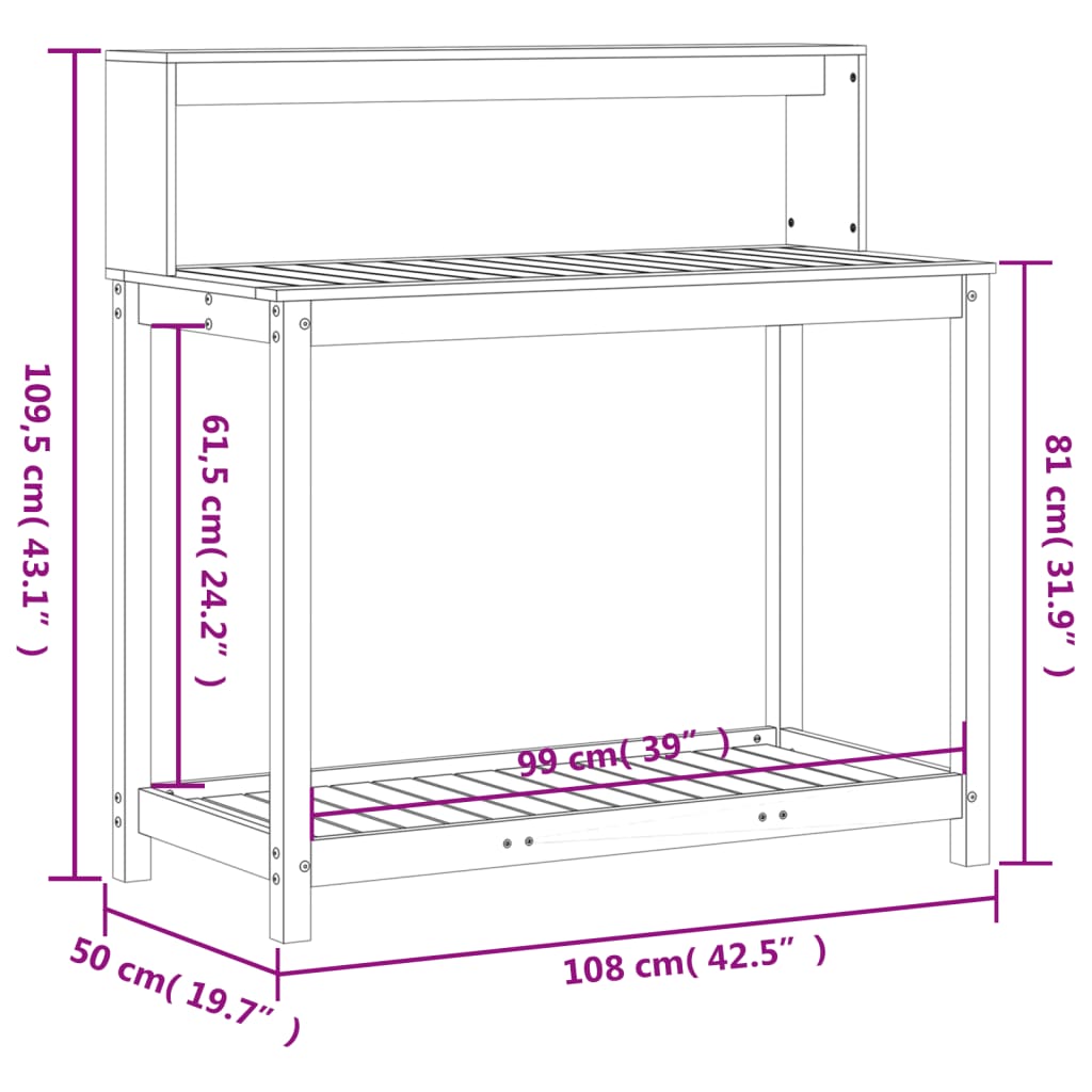 Mesa de jardinagem c/ prateleiras 108x50x109,5 cm pinho maciço