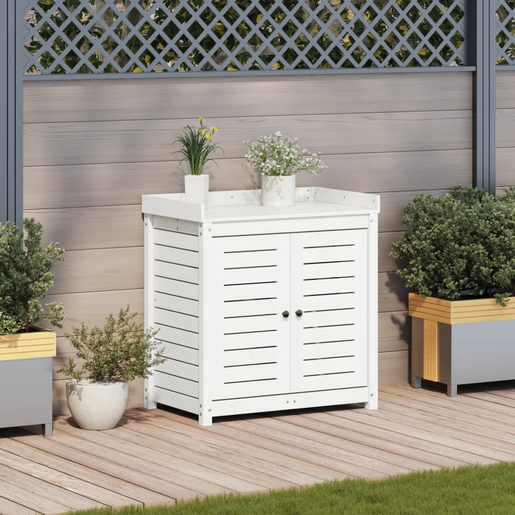 Mesa de jardinagem com prateleiras madeira pinho maciça branco