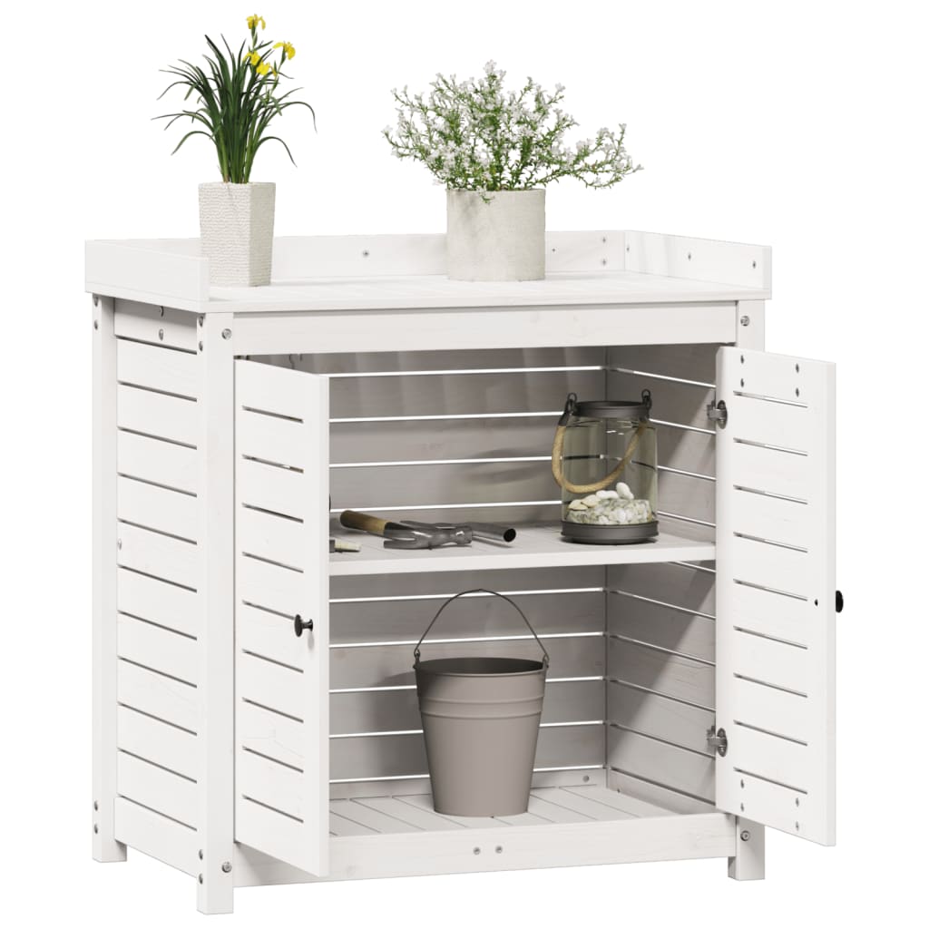 Mesa de jardinagem com prateleiras madeira pinho maciça branco