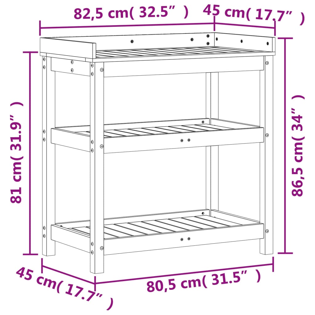 Mesa de jardinagem c/ prateleiras 82,5x45x86,5 cm pinho maciço