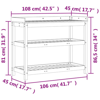 Mesa de jardinagem c/ prateleiras 108x45x86,5 cm pinho maciço