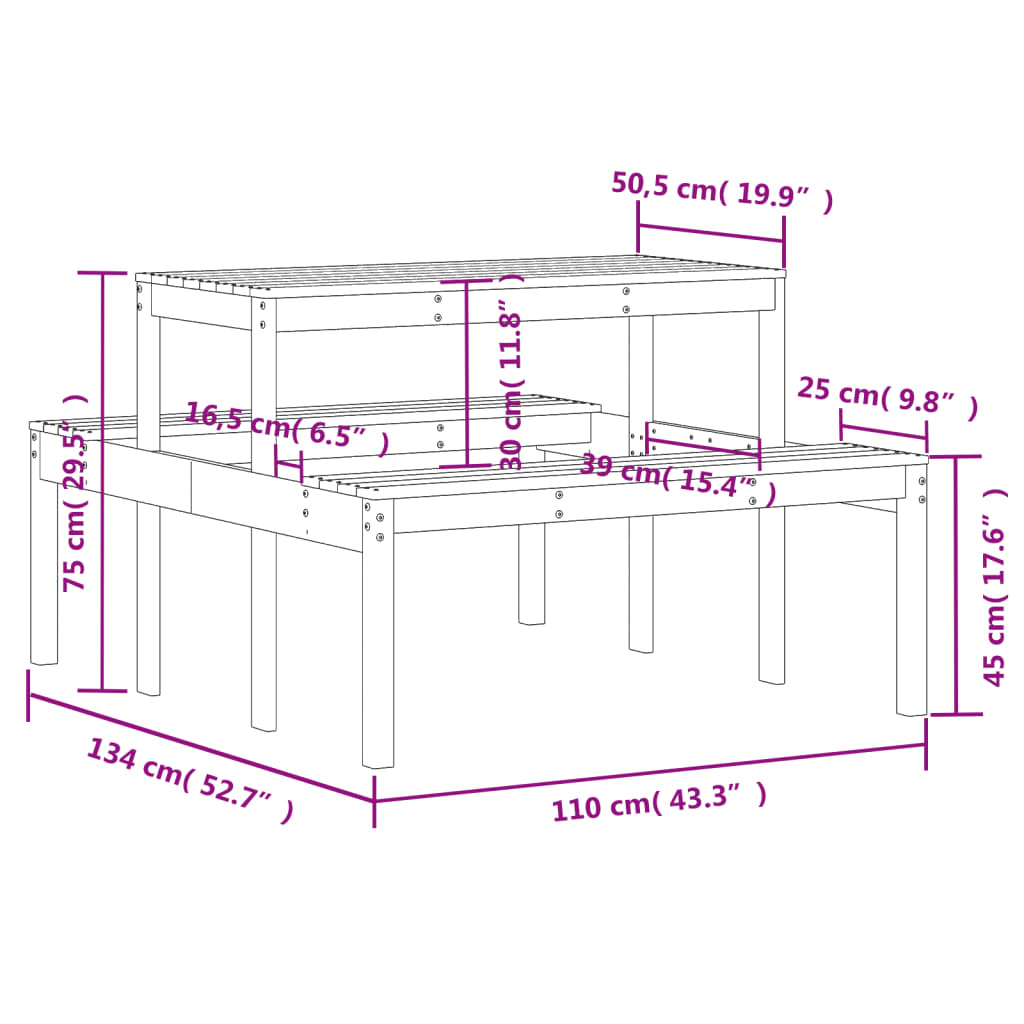 Mesa de piquenique 110x134x75 cm madeira de pinho maciça branco