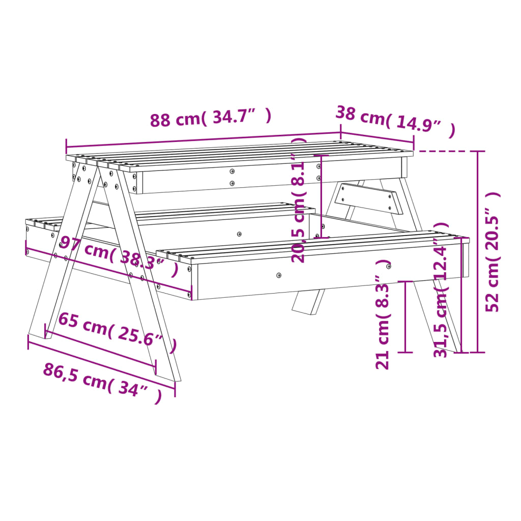 Mesa de piquenique para crianças 88x97x52 cm pinho impregnado