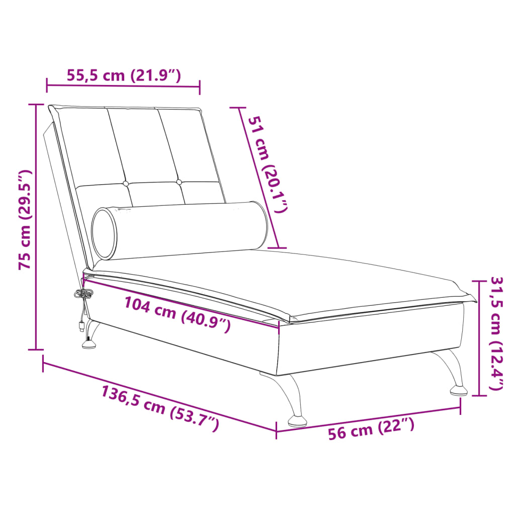 Chaise lounge de massagem com rolo veludo vermelho tinto