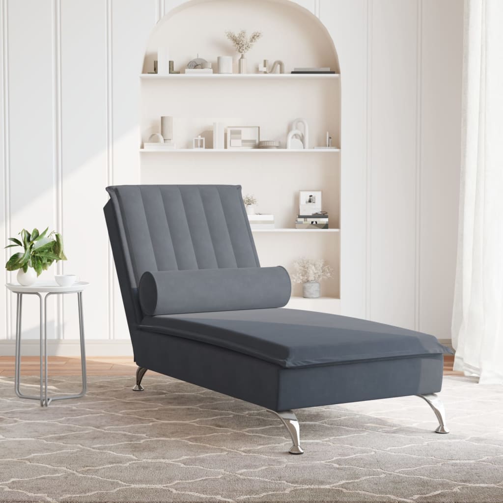 Chaise lounge de massagem com rolo veludo cinzento-escuro