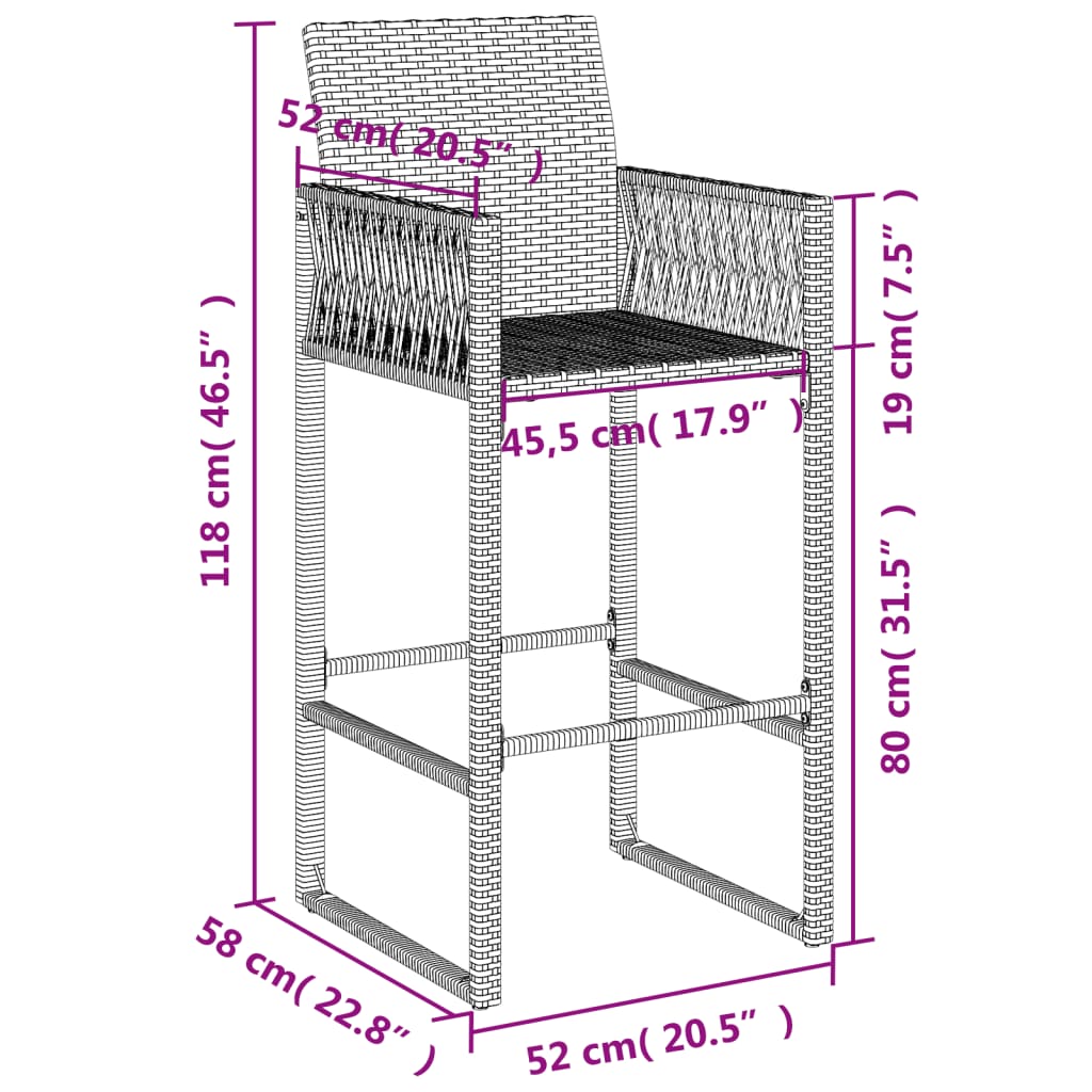 Bancos de bar para jardim 2 pcs vime PE cinzento