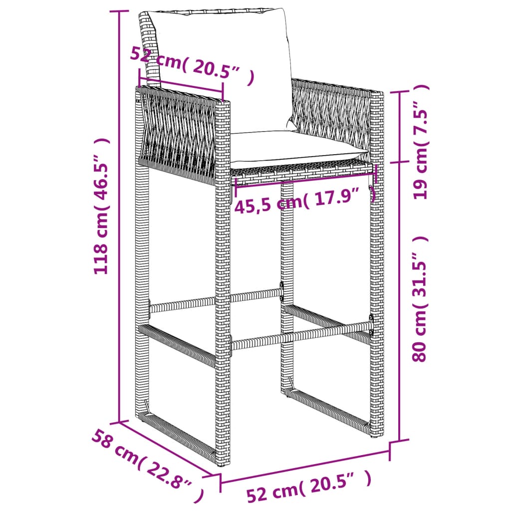 Bancos de bar para jardim com almofadões 2 pcs vime PE castanho