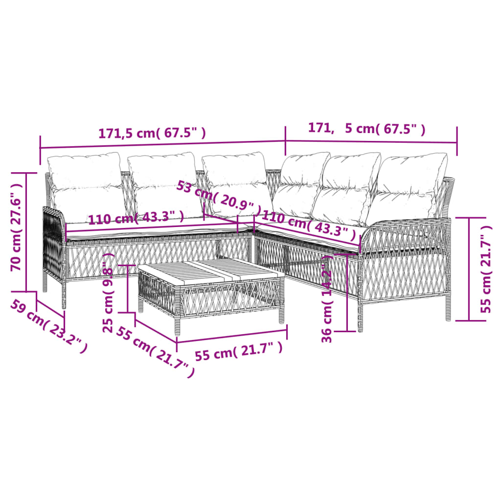 2 pcs conjunto sofás de jardim com almofadões vime PE preto