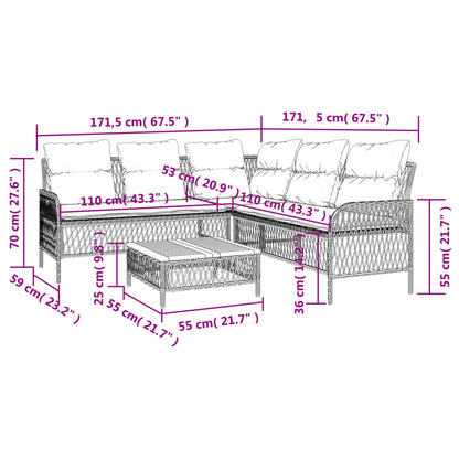 2 pcs conjunto sofás de jardim com almofadões vime PE preto