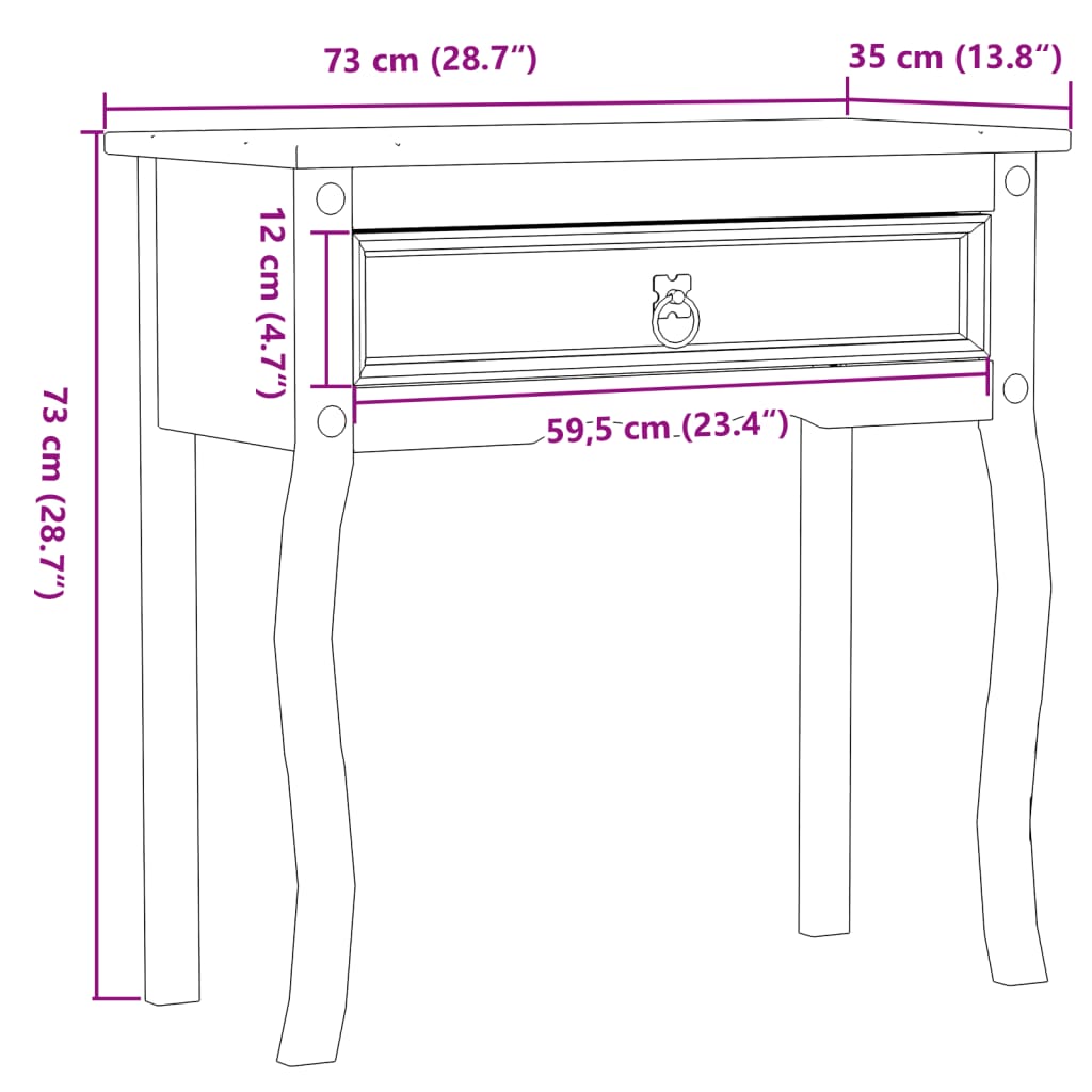 Mesa consola Corona 73x35x73 cm madeira de pinho maciça