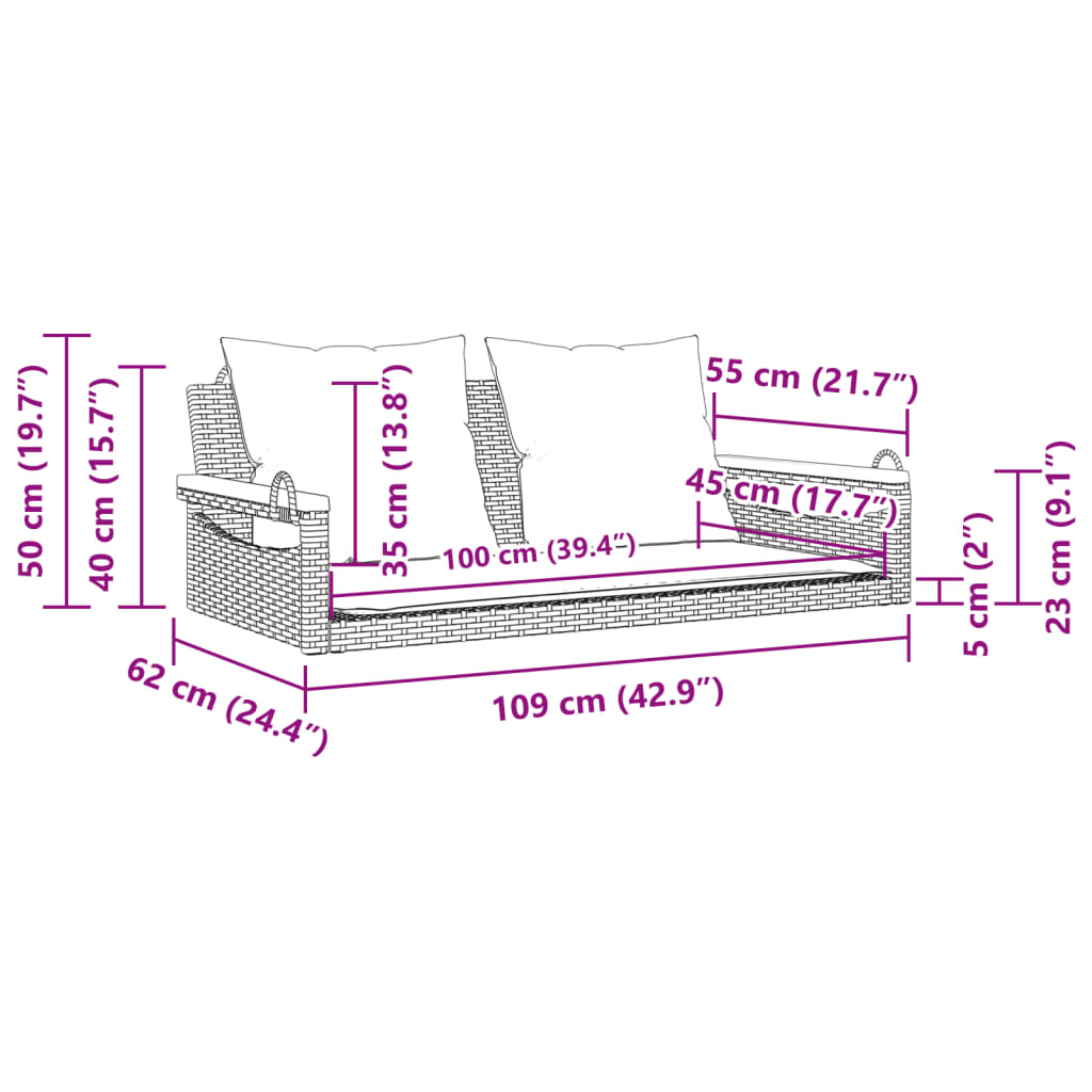 Banco baloiço com almofadões 109x62x40 cm vime PE preto