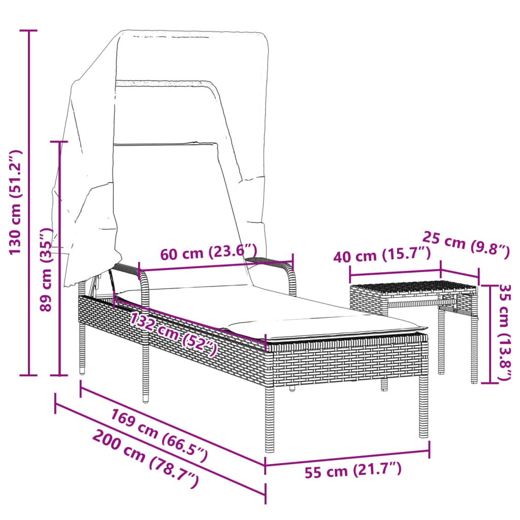 Espreguiçadeira com toldo e mesa vime PE preto