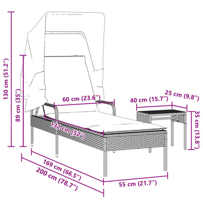 Espreguiçadeira com toldo e mesa vime PE cinzento