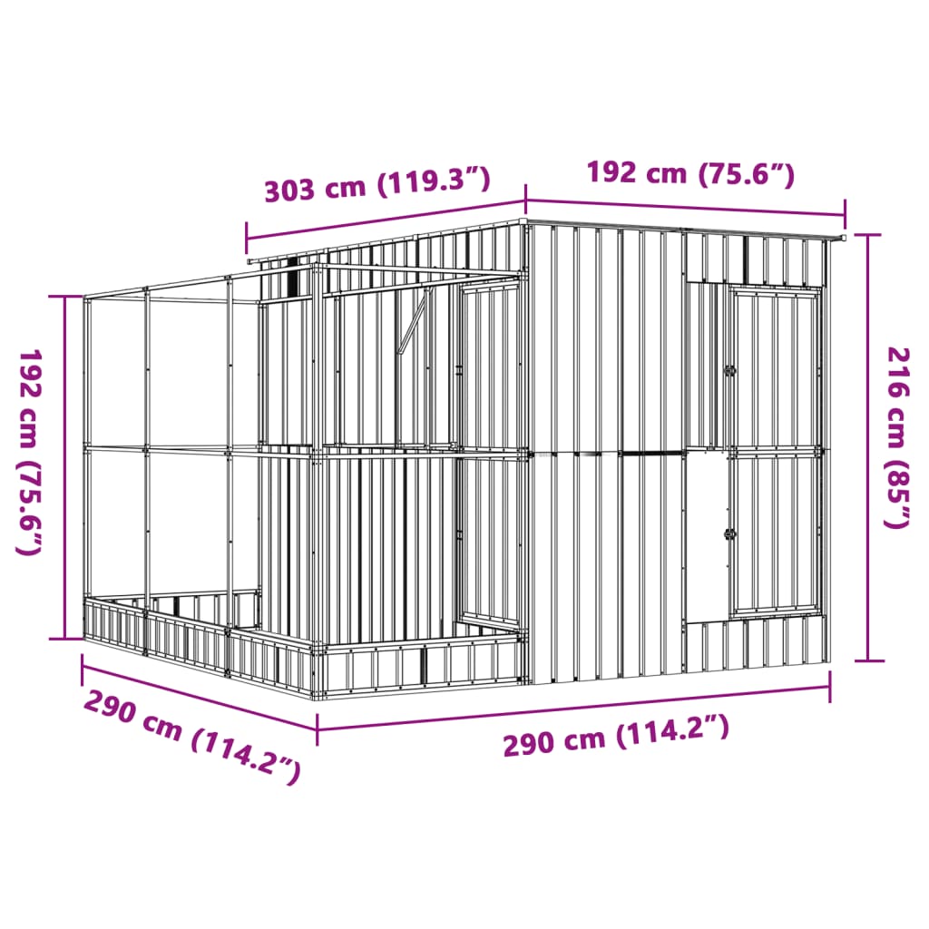 Aviário com extensão 290x303x216 cm aço prateado