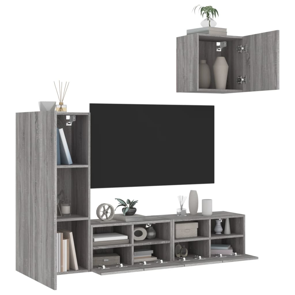 4 pcs móveis de parede p/ TV derivados de madeira cinza sonoma