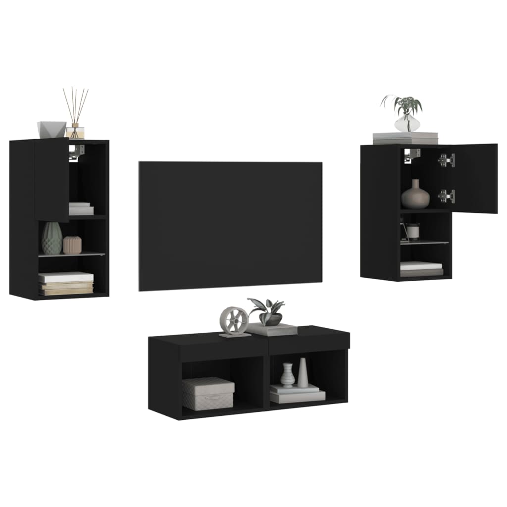 4 pcs móveis de parede para TV com luzes LED preto