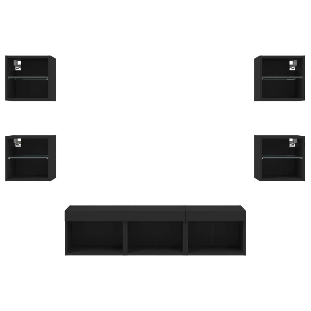 7pcs móveis de parede p/ TV c/ LEDs derivados de madeira preto