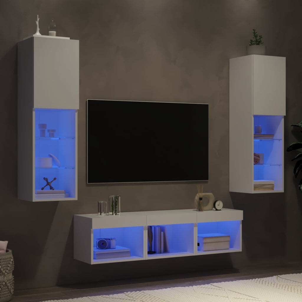 Móvel de TV Isabella - De Parede, Com Luzes Led - Cor Branco - Derivados de Madeira e Vidro