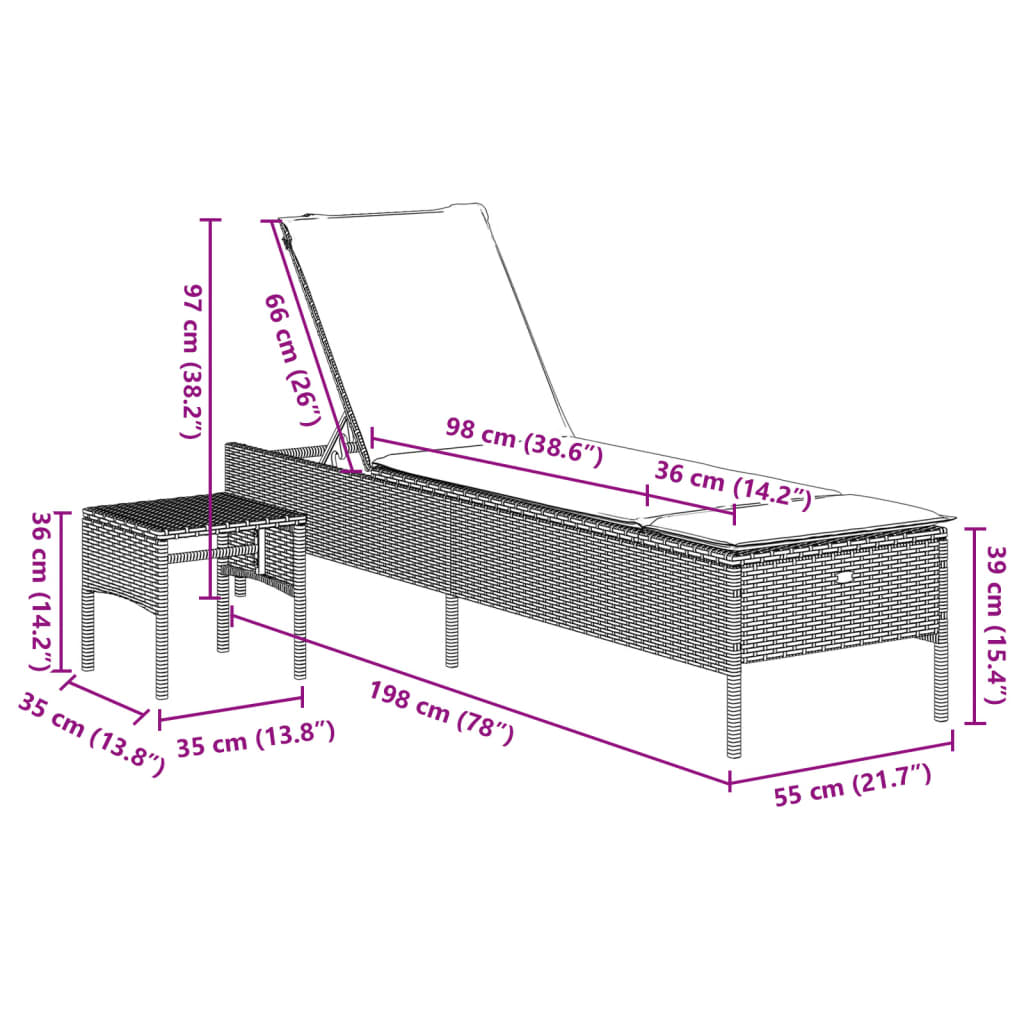 Espreguiçadeira com mesa e almofadão vime PE bege