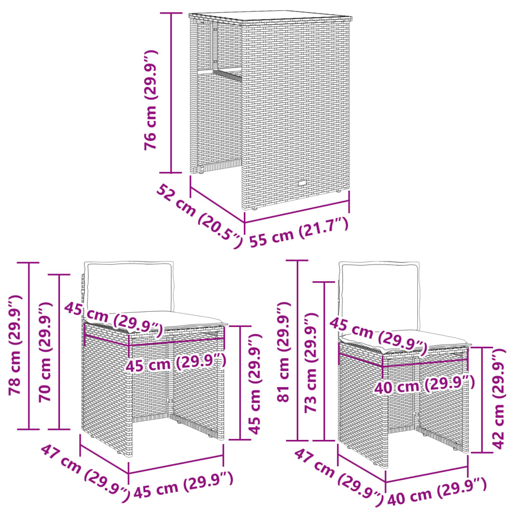 3 pcs conjunto bistrô com almofadões vime PE cinzento claro