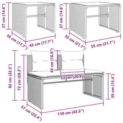 4 pcs conjunto sofás de jardim c/ almofadões vime PE cinzento