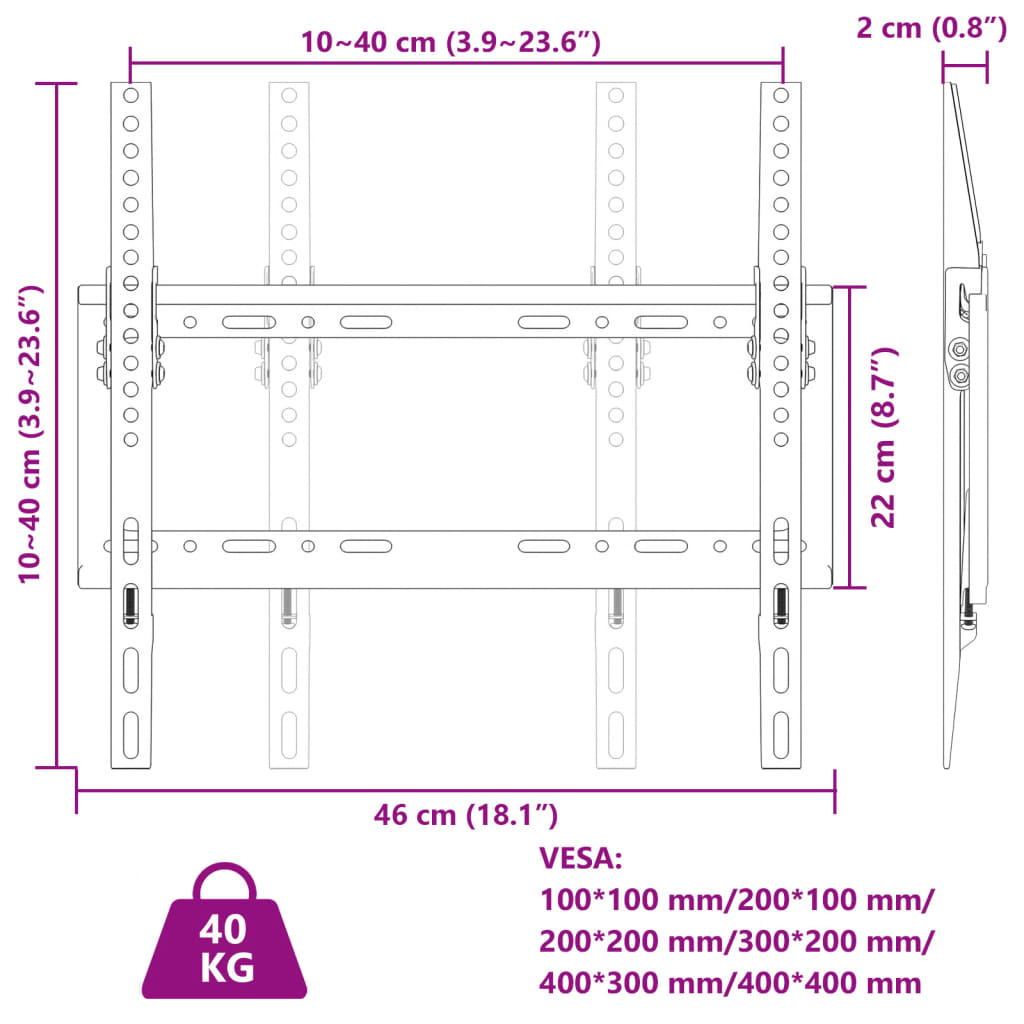 Suporte de parede p/ TV ecrãs de 26-63" Max VESA 400x400mm 40kg