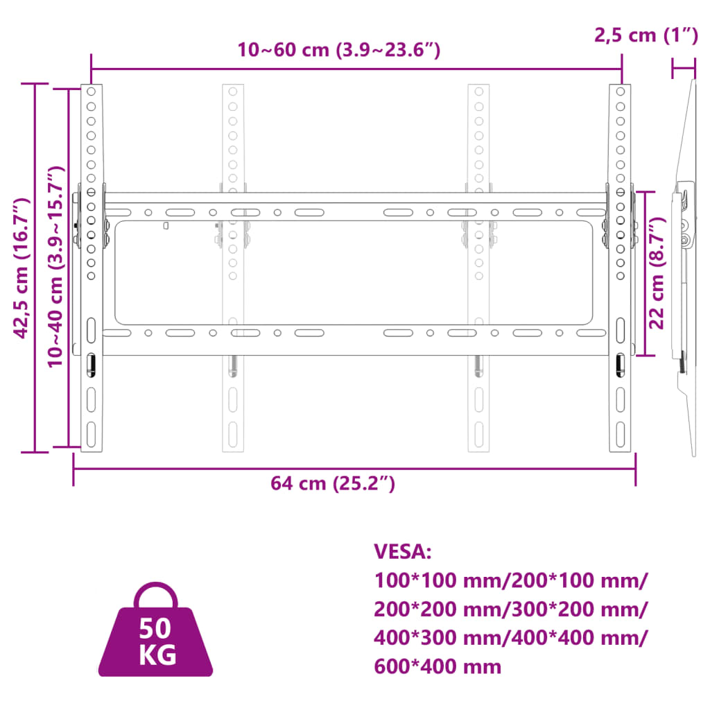 Suporte de parede p/ TV ecrãs de 26-63" Max VESA 600x400mm 50kg