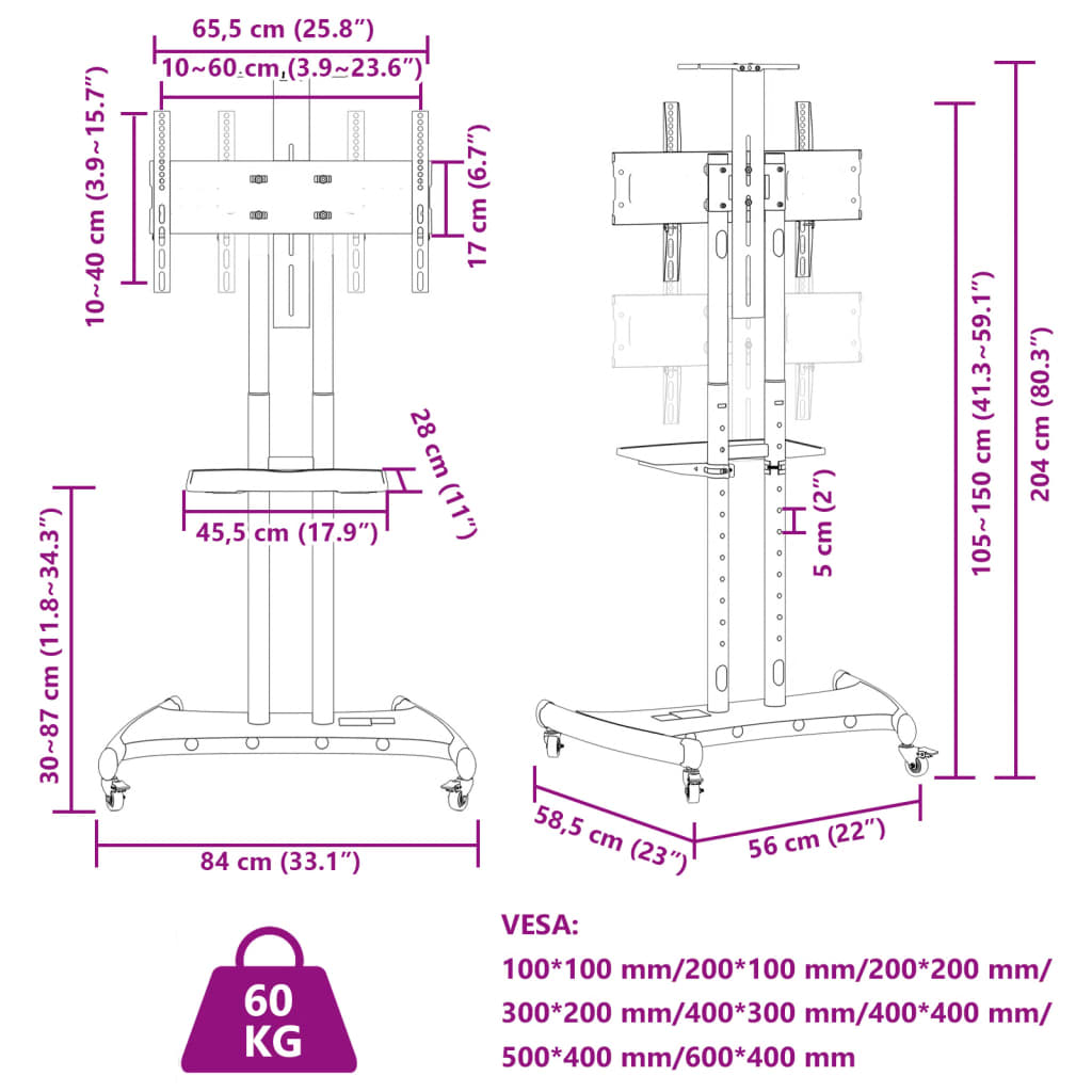 Suporte de TV c/ rodas ecrãs de 32-70" Max VESA 600x400mm 60kg