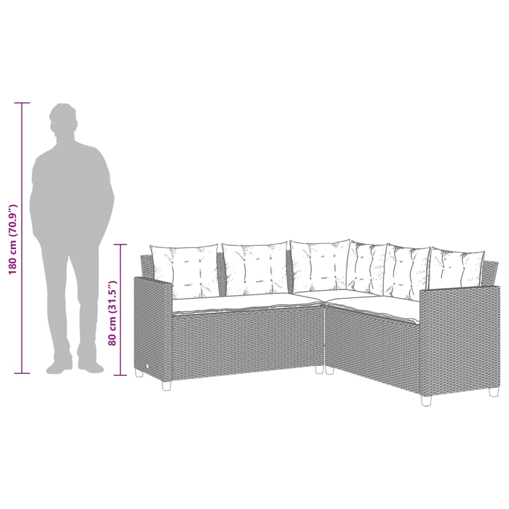 Sofá de jardim forma de L c/ mesa e almofadões vime PE cinzento