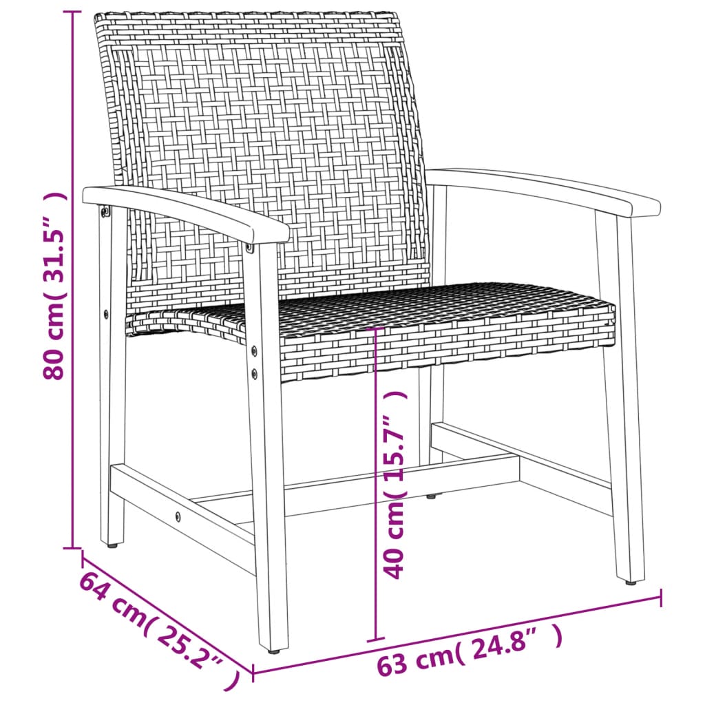 Cadeiras de jardim 2 pcs vime PE/madeira de acácia maciça preto