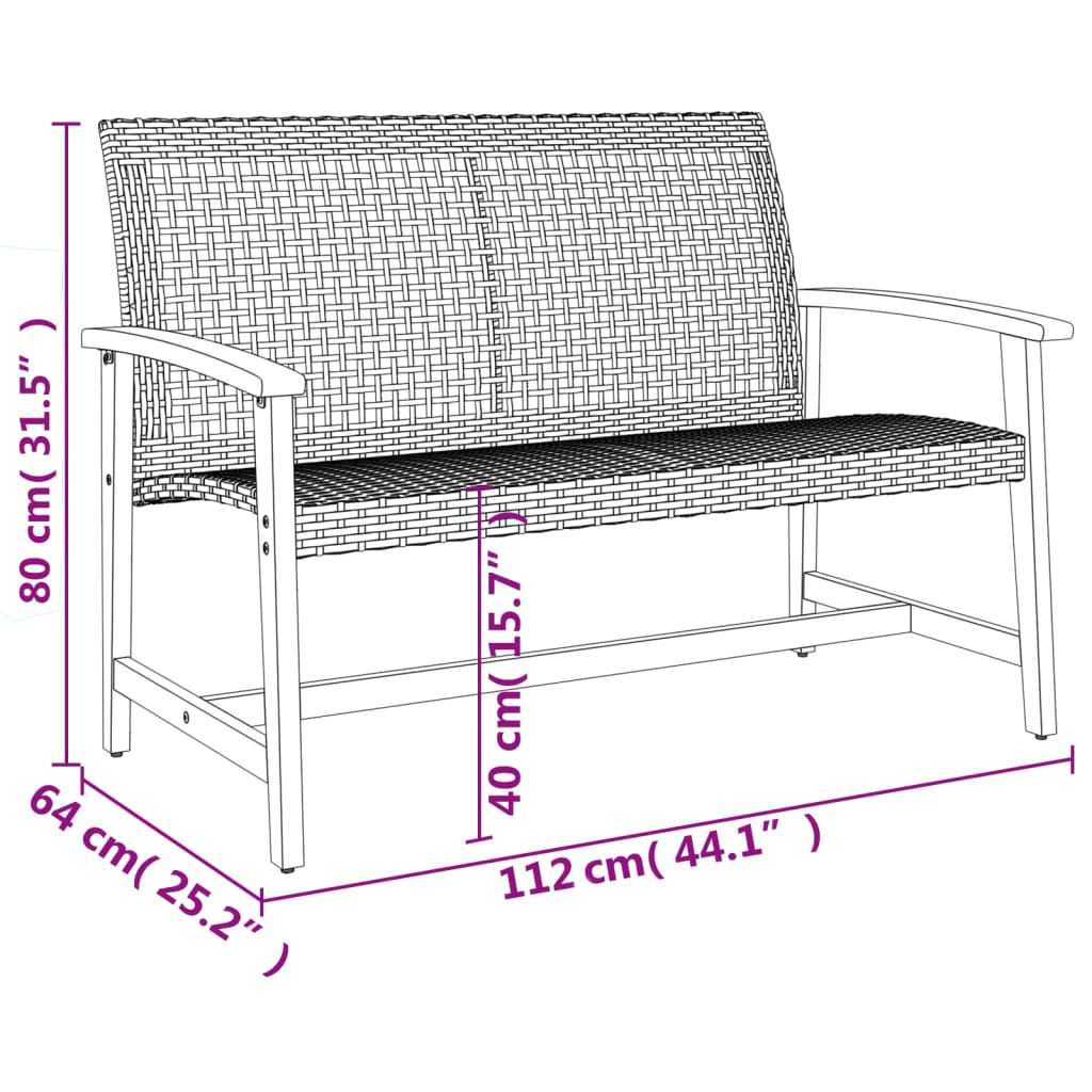 Banco de jardim 112 cm vime PE e madeira de acácia cinzento