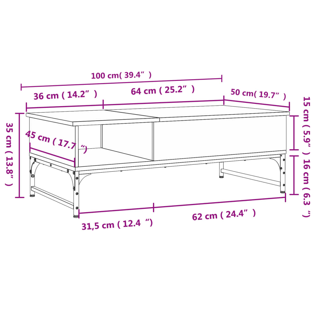 Mesa de centro 100x50x35cm deriv. madeira/metal carvalho sonoma