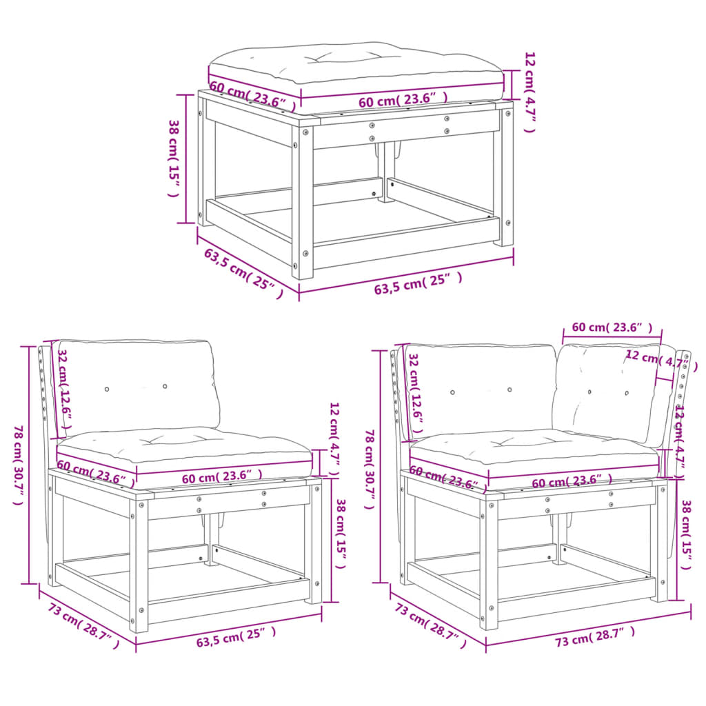 4 pcs conjunto lounge de jardim c/ almofadões pinho maciço