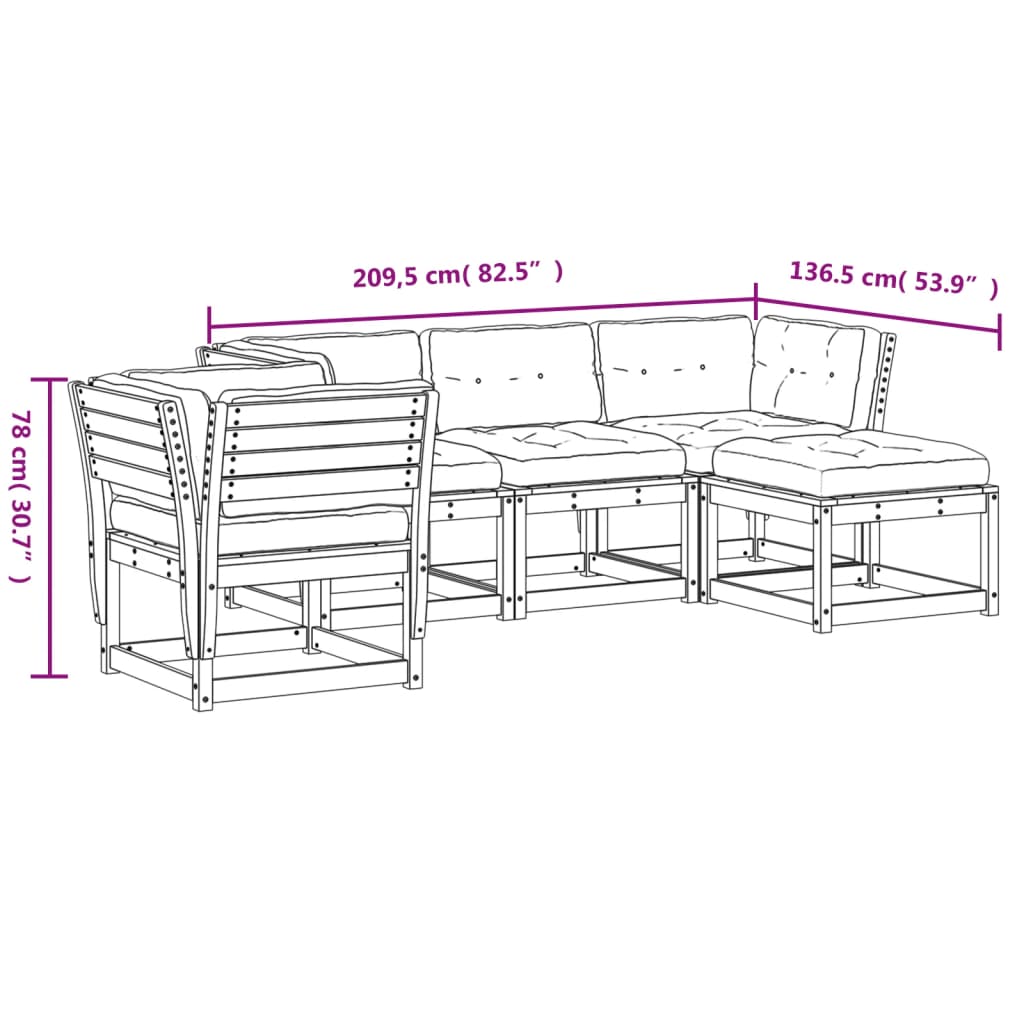 5 pcs conjunto lounge de jardim c/ almofadões pinho maciço