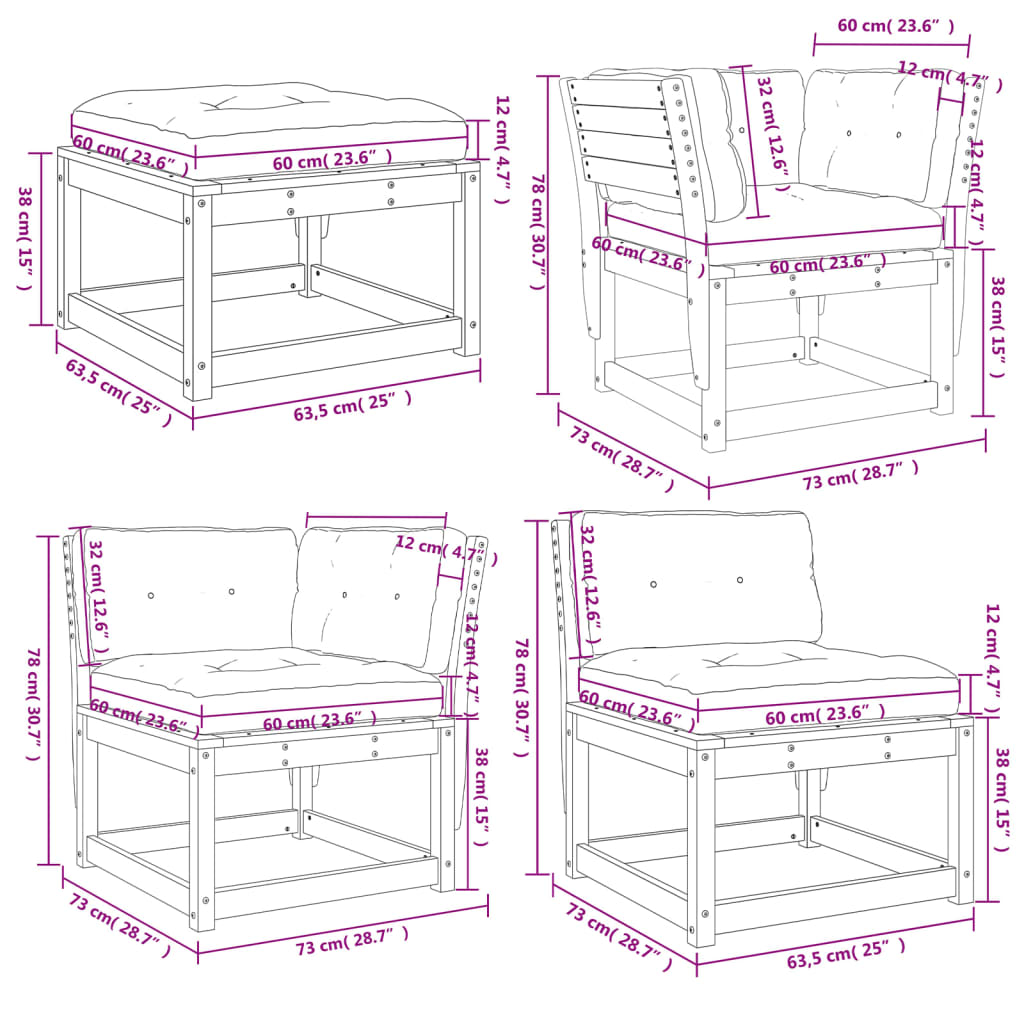 5 pcs conjunto lounge de jardim c/ almofadões pinho impregnado