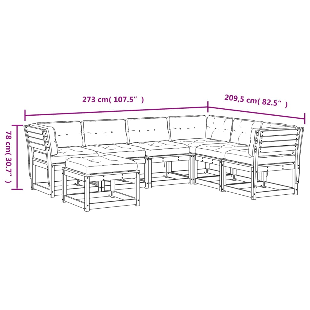 7 pcs conjunto lounge de jardim c/ almofadões pinho impregnado