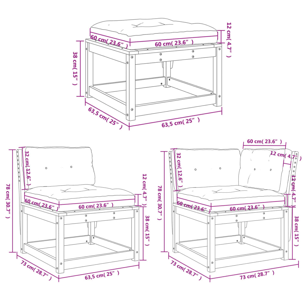 7 pcs conjunto lounge de jardim c/ almofadões pinho impregnado