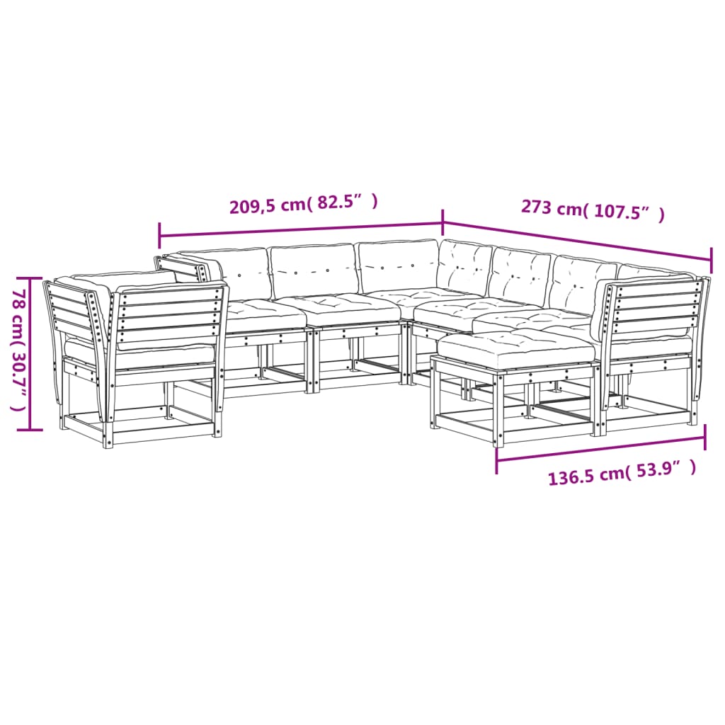 8 pcs conjunto lounge de jardim c/ almofadões pinho maciço