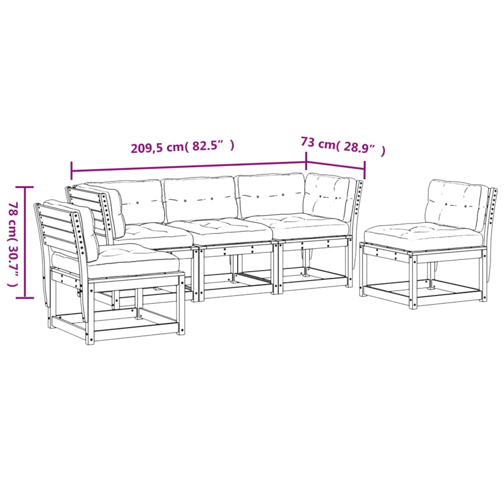 5 pcs conjunto sofás de jardim c/ almofadões pinho impregnado